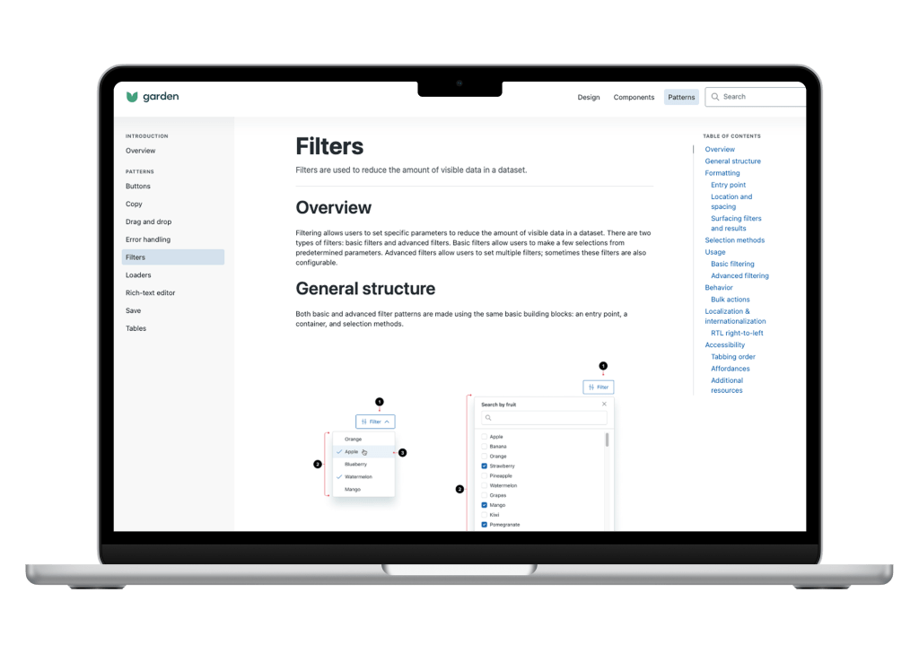 A mockup of the Filter documentation web page for Zendesk on a Macbook Pro