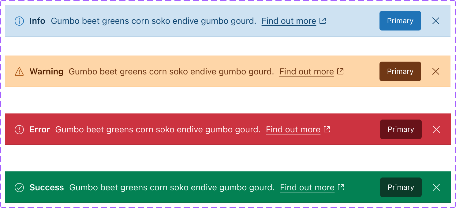 Zendesk's global alert component in blue for info, yellow for warning, red for error, and green for success